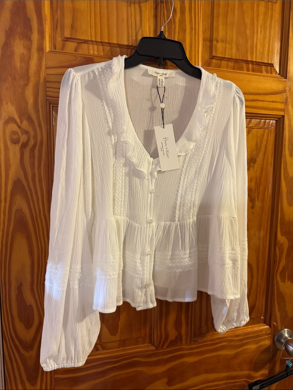 Haven + Hart White Ruffle-Trim Button Front Blouse
